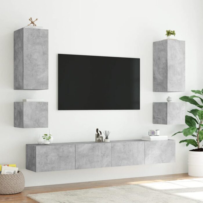 Meuble TV mural avec lumières LED gris béton 100x35x31 cm – Image 5