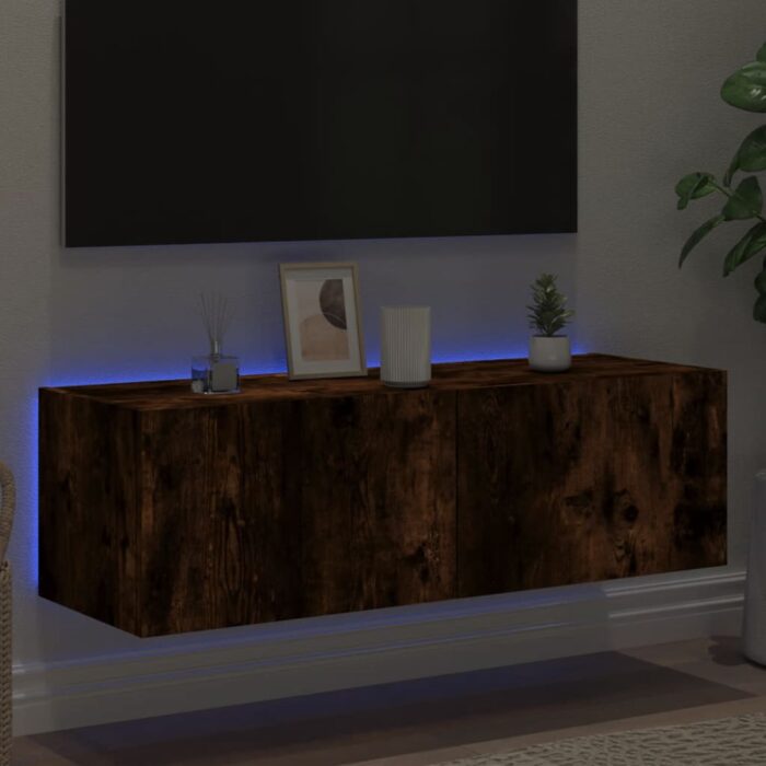 Meuble TV mural avec lumières LED chêne fumé 100x35x31 cm – Image 2