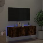 Meuble TV mural avec lumières LED chêne fumé 100x35x31 cm – Image 3