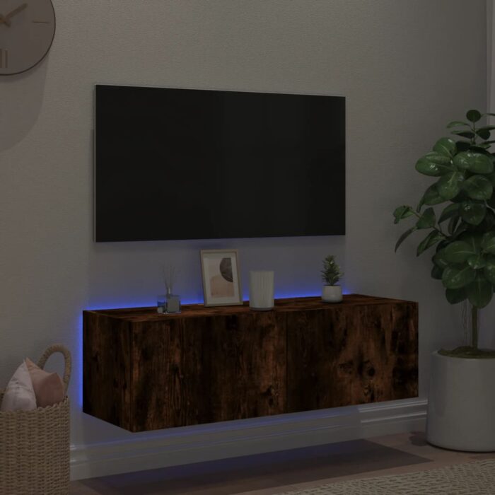 Meuble TV mural avec lumières LED chêne fumé 100x35x31 cm – Image 3
