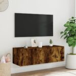 Meuble TV mural avec lumières LED chêne fumé 100x35x31 cm – Image 4