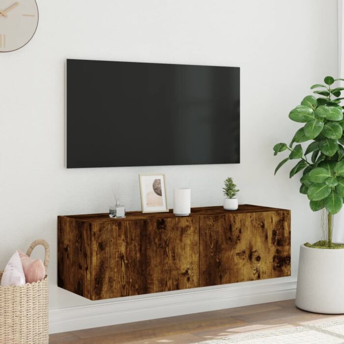 Meuble TV mural avec lumières LED chêne fumé 100x35x31 cm – Image 4
