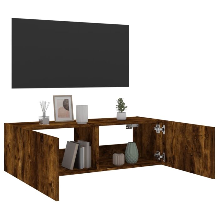 Meuble TV mural avec lumières LED chêne fumé 100x35x31 cm – Image 6