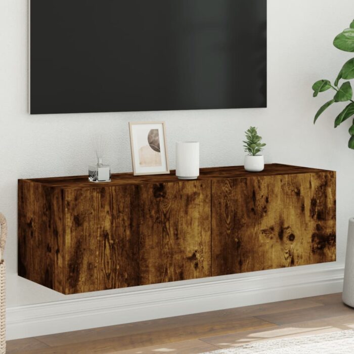 Meuble TV mural avec lumières LED chêne fumé 100x35x31 cm – Image 1