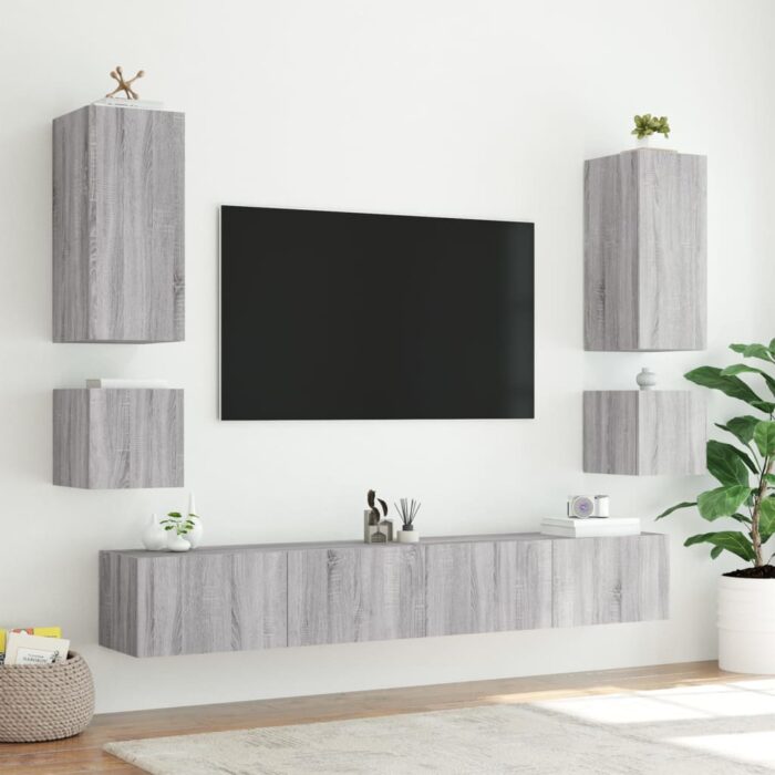 Meuble TV mural avec lumières LED sonoma gris 100x35x31 cm – Image 12