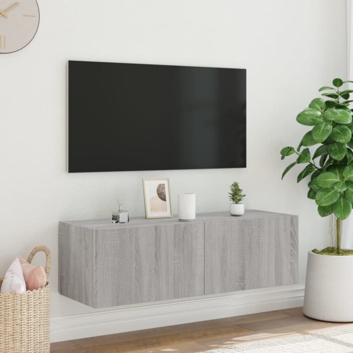 Meuble TV mural avec lumières LED sonoma gris 100x35x31 cm – Image 4