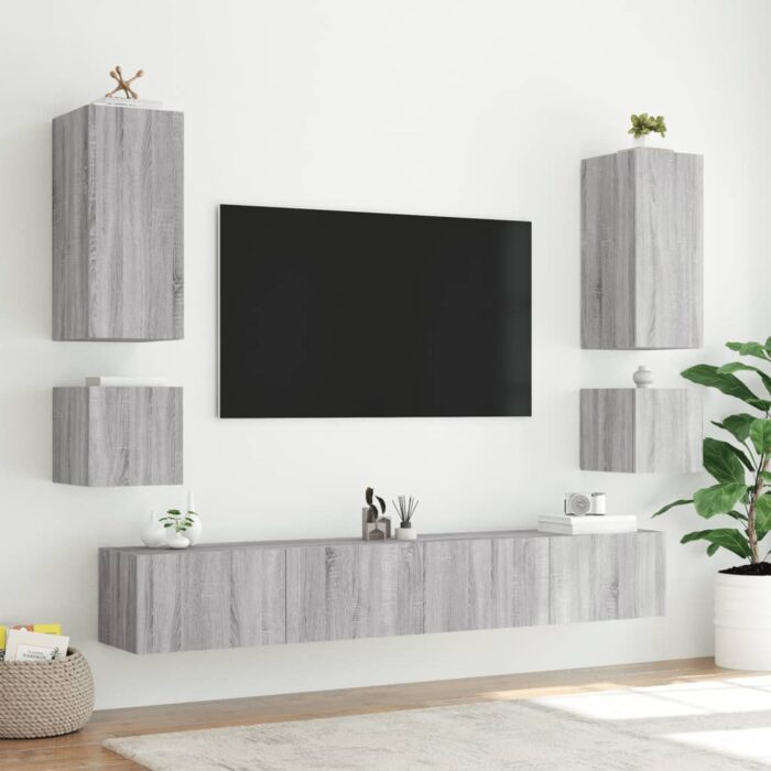 Meuble TV mural avec lumières LED sonoma gris 100x35x31 cm – Image 5