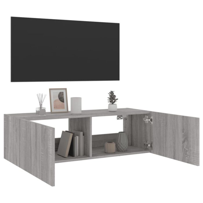 Meuble TV mural avec lumières LED sonoma gris 100x35x31 cm – Image 6