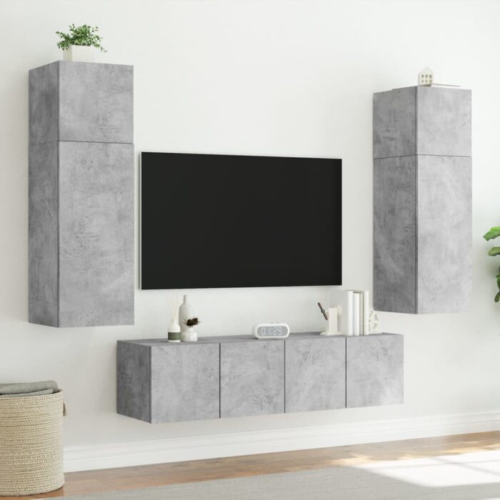 Meubles TV muraux et lumières LED 2pcs gris béton 60x35x41 cm – Image 3