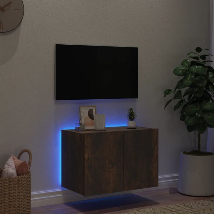Meuble TV mural avec lumières LED chêne fumé 60x35x41 cm – Image 2