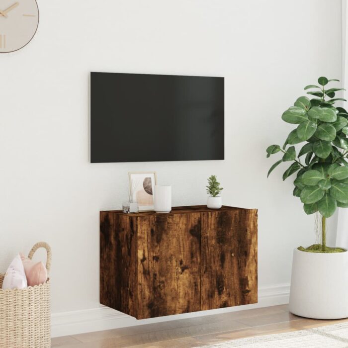 Meuble TV mural avec lumières LED chêne fumé 60x35x41 cm – Image 3