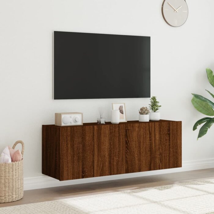 Meubles TV muraux lumières LED 2 pcs chêne marron 60x35x41 cm – Image 2