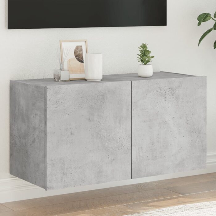 Meuble TV mural avec lumières LED gris béton 80x35x41 cm – Image 1