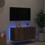 Meuble TV mural avec lumières LED chêne fumé 80x35x41 cm – Image 2