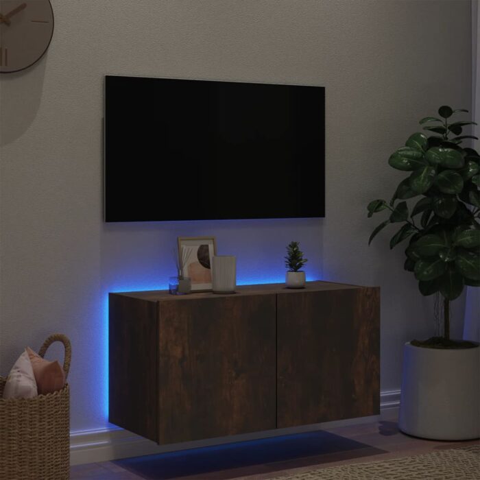 Meuble TV mural avec lumières LED chêne fumé 80x35x41 cm – Image 2