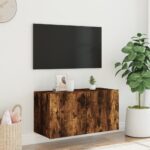 Meuble TV mural avec lumières LED chêne fumé 80x35x41 cm – Image 3