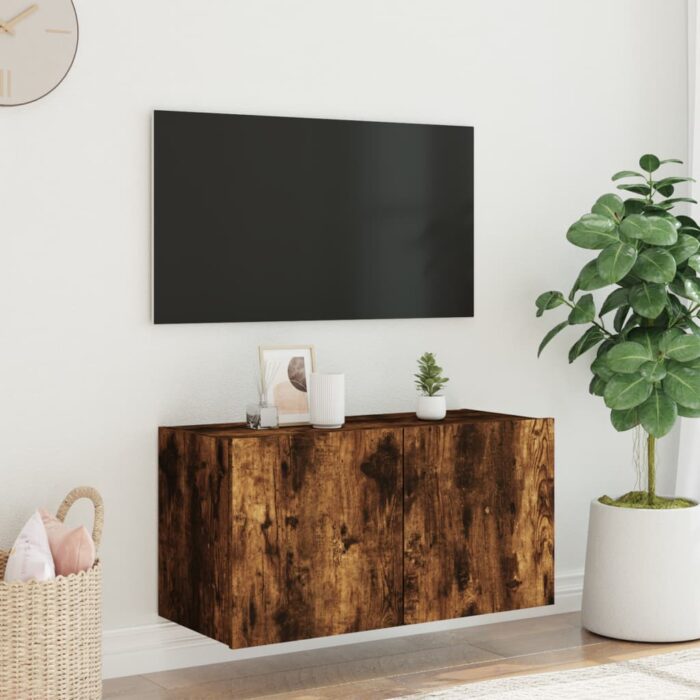 Meuble TV mural avec lumières LED chêne fumé 80x35x41 cm – Image 3