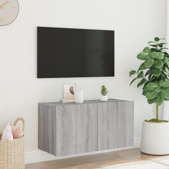 Meuble TV mural avec lumières LED sonoma gris 80x35x41 cm – Image 3