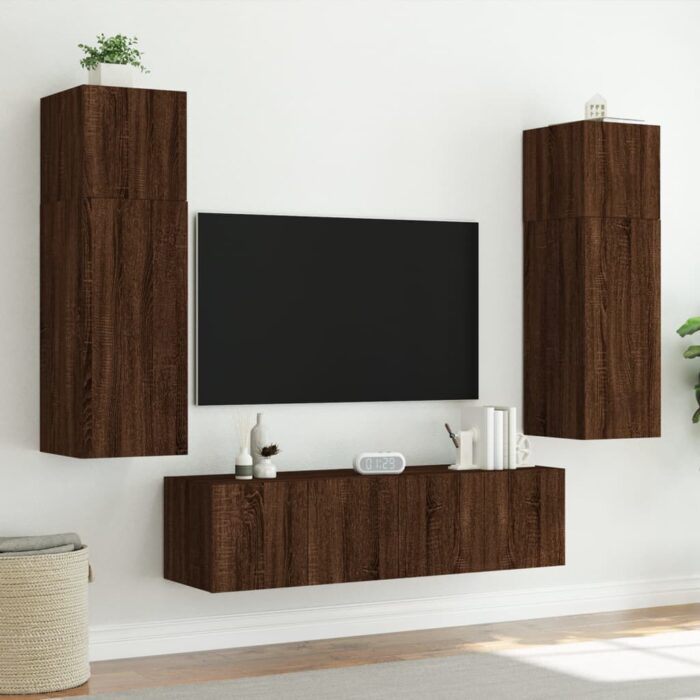 Meuble TV mural avec lumières LED chêne marron 80x35x41 cm – Image 4