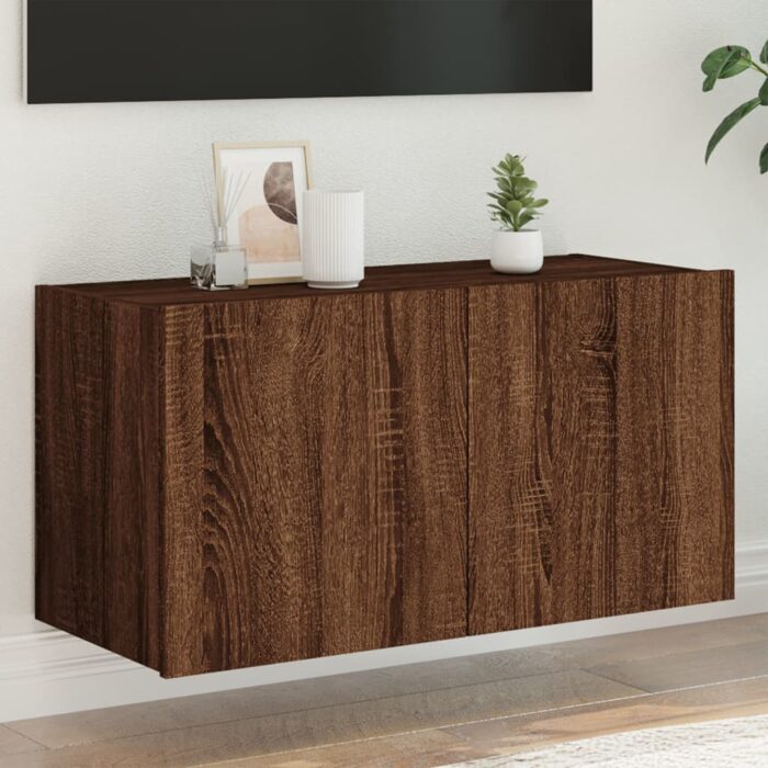 Meuble TV mural avec lumières LED chêne marron 80x35x41 cm – Image 1