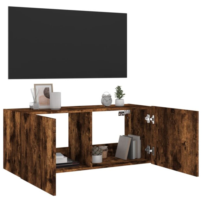 Meuble TV mural avec lumières LED chêne fumé 100x35x41 cm – Image 5