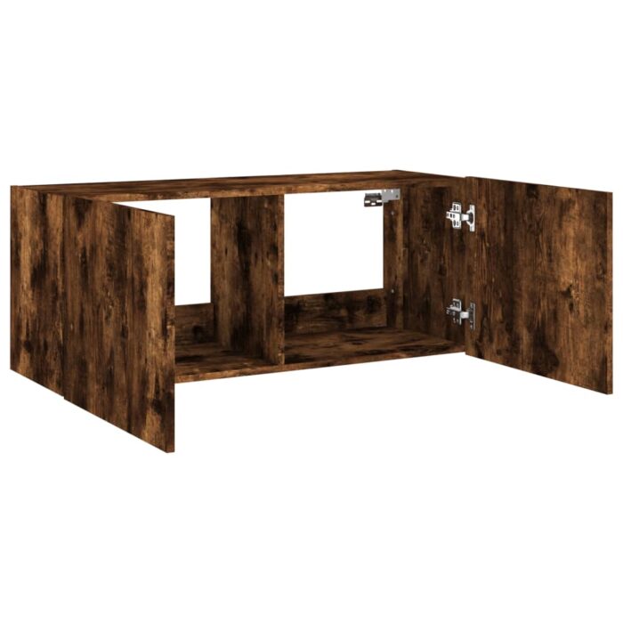 Meuble TV mural avec lumières LED chêne fumé 100x35x41 cm – Image 6