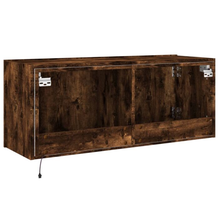 Meuble TV mural avec lumières LED chêne fumé 100x35x41 cm – Image 9