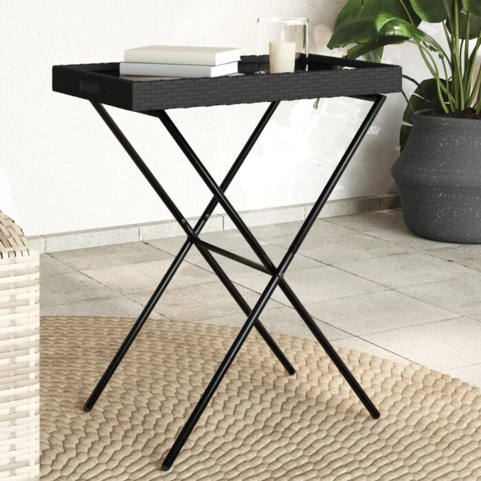 Table à plateau pliable noir 65x40x75 cm résine tressée – Image 1