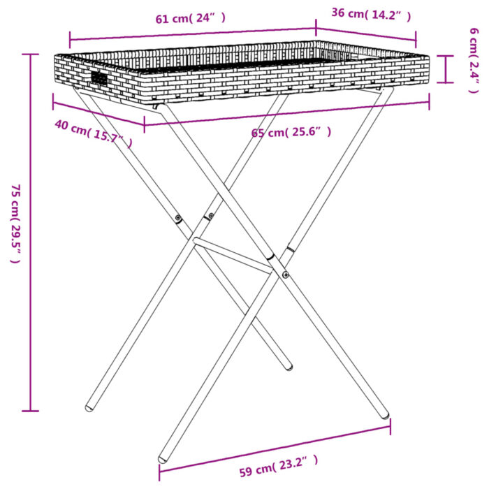 Table à plateau pliable marron 65x40x75 cm résine tressée – Image 9