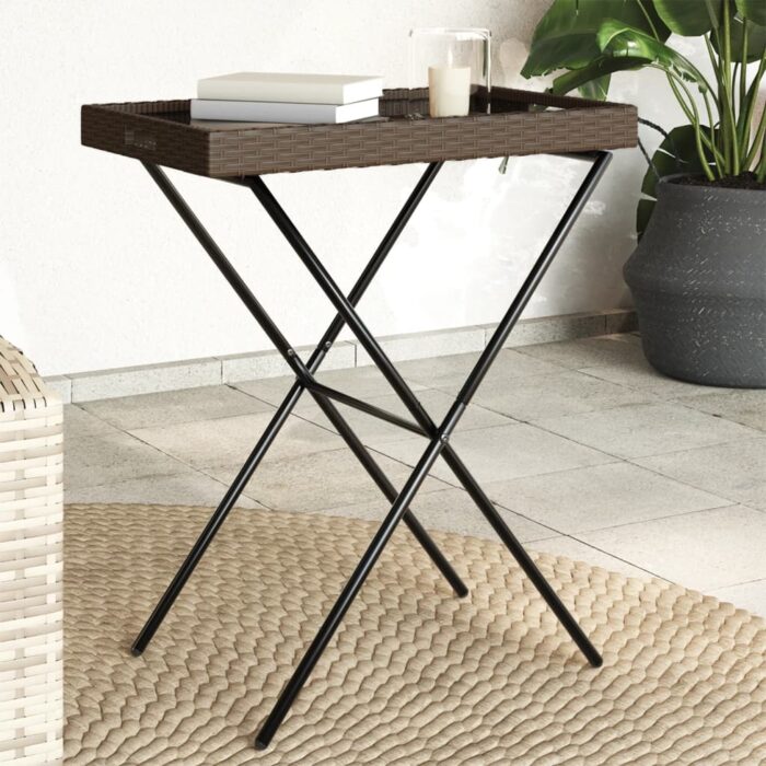 Table à plateau pliable marron 65x40x75 cm résine tressée – Image 1