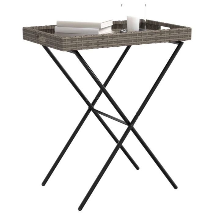 Table à plateau pliable gris 65x40x75 cm résine tressée – Image 2