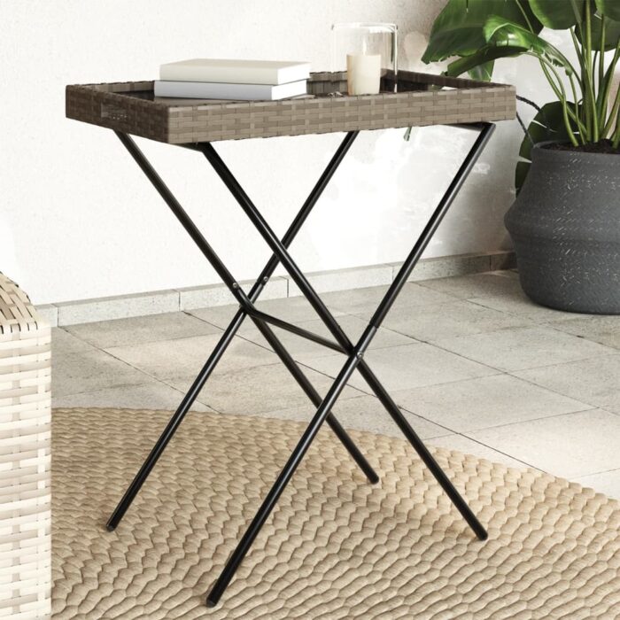 Table à plateau pliable gris 65x40x75 cm résine tressée – Image 1