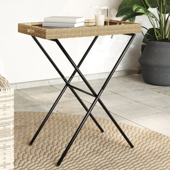 Table à plateau pliable beige 65x40x75 cm résine tressée – Image 1