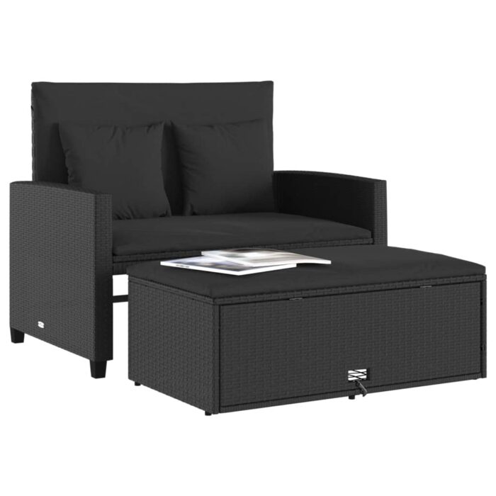 Canapé de jardin avec coussins 2 places noir résine tressée – Image 2