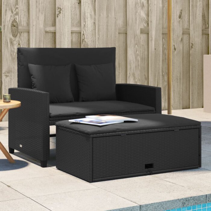 Canapé de jardin avec coussins 2 places noir résine tressée – Image 1