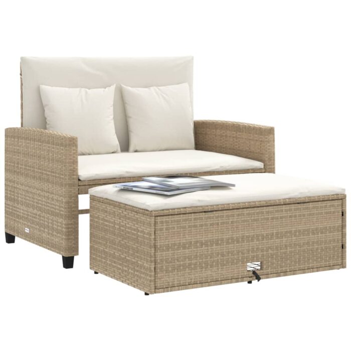 Canapé de jardin avec coussins 2 places beige résine tressée – Image 2