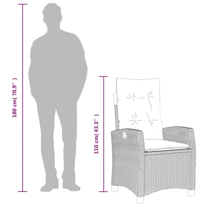 Chaise inclinable de jardin avec coussins noir résine tressée – Image 9