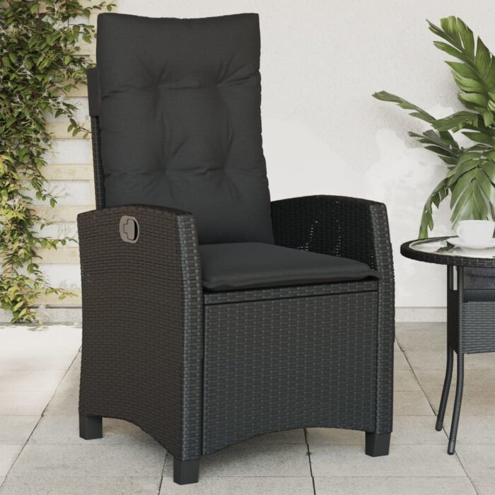 Chaise inclinable de jardin avec coussins noir résine tressée – Image 1