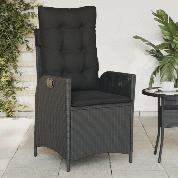 Chaise inclinable de jardin avec coussins noir résine tressée – Image 1