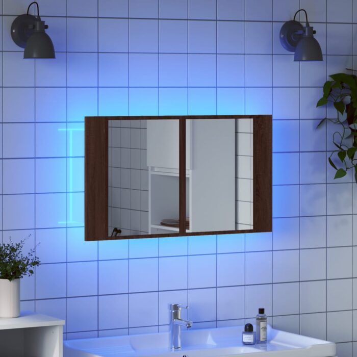 Armoire à miroir à LED de bain chêne marron 80x12x45 cm – Image 2