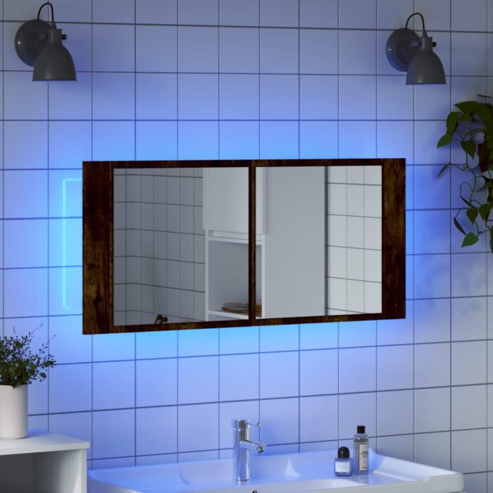 Armoire à miroir à LED de bain chêne fumé 100x12x45 cm – Image 2