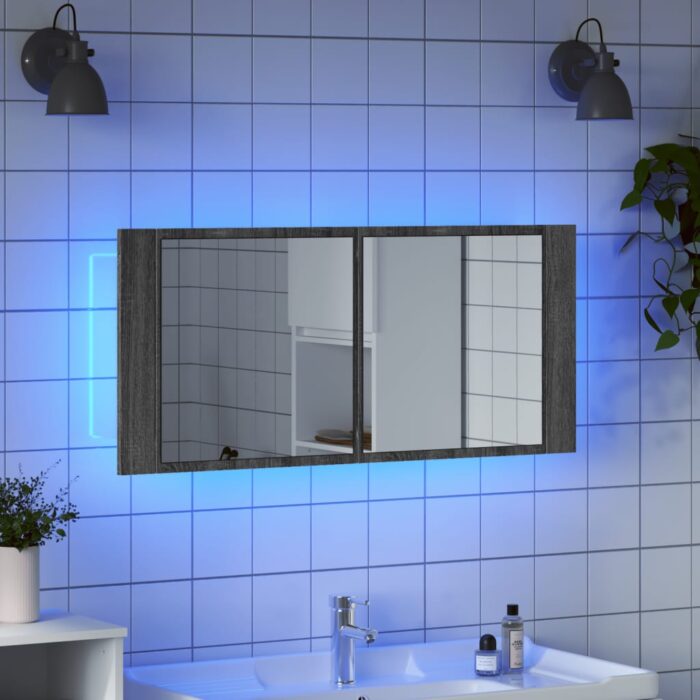 Armoire à miroir à LED de bain gris sonoma 100x12x45 cm – Image 2