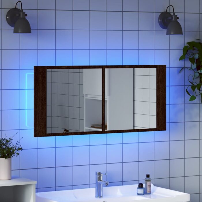 Armoire à miroir à LED de bain chêne marron 100x12x45 cm – Image 2