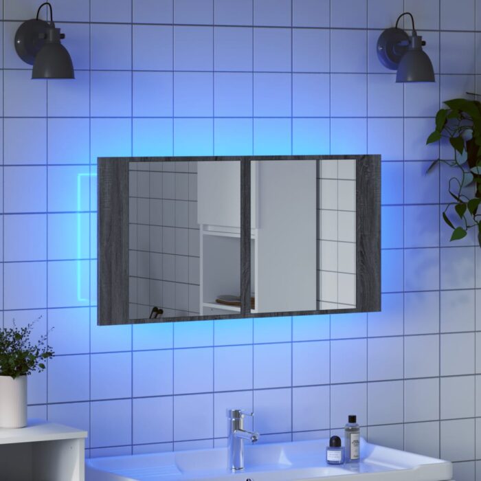 Armoire de salle de bain à miroir LED sonoma gris 90x12x45 cm – Image 2