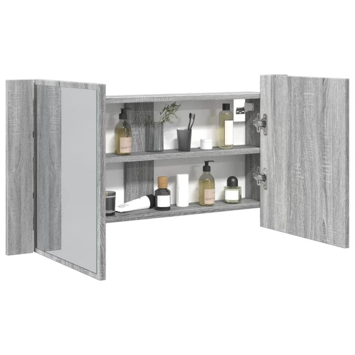 Armoire de salle de bain à miroir LED sonoma gris 90x12x45 cm – Image 1