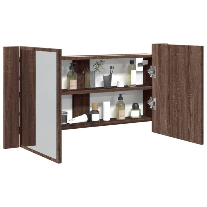Armoire à miroir à LED de bain chêne marron 90x12x45 cm – Image 1