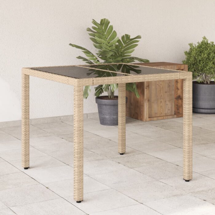 Table de jardin dessus en verre beige 90x90x75cm résine tressée – Image 1
