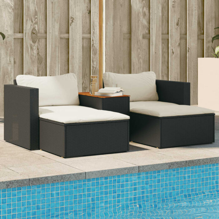 Salon de jardin 5 pcs avec coussins noir résine tressée acacia – Image 1