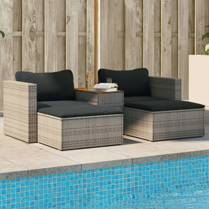 Salon de jardin 5 pcs avec coussins gris résine tressée acacia – Image 1