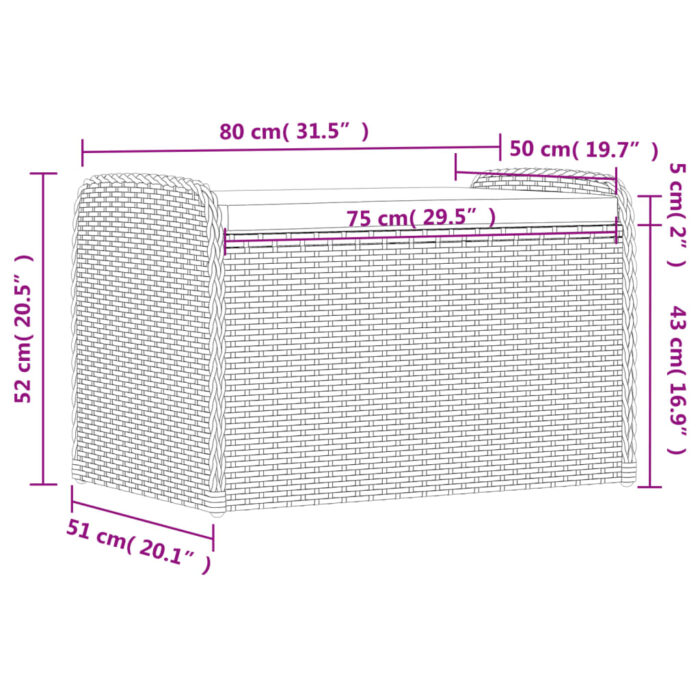 Banc de rangement avec coussin gris 80x51x52 cm résine tressée – Image 9